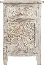 Starlight Canyon Home Mango Wood Accent Table, Hand-Carved Distressed-Finish Side Table with Storage Drawer and Door for Living Room, Weathered White