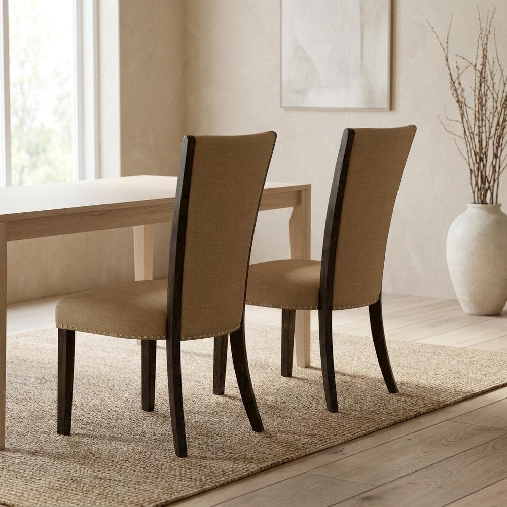 Linen-Upholstered Dining Chairs Set of by Furnifact – Wood, Brown, Pack of 2