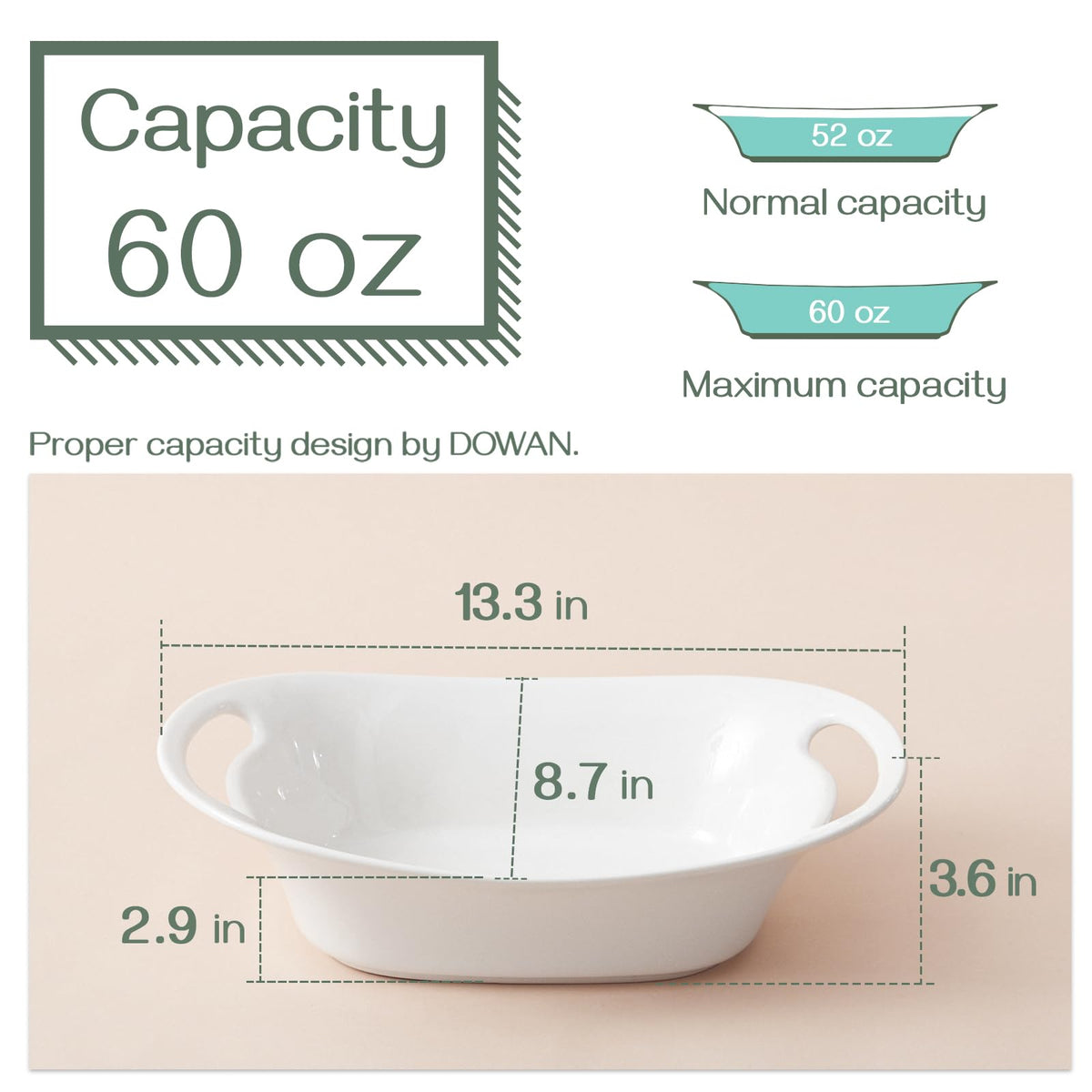 DOWAN Ceramic Serving Bowls, 60 Ounce Oval Platters with Handles, Soft White, Set of 2