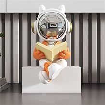 Astronaut Statue Spaceman Sculpture Figure Decor Home Living Room,Office,Desktop,Bookshelf Decorations (Reading (Orange) with Base)