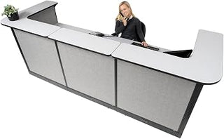 Global Industrial 124"W x 44"D x 46"H U-Shaped Electric Reception Station, Gray Counter/Gray Panel