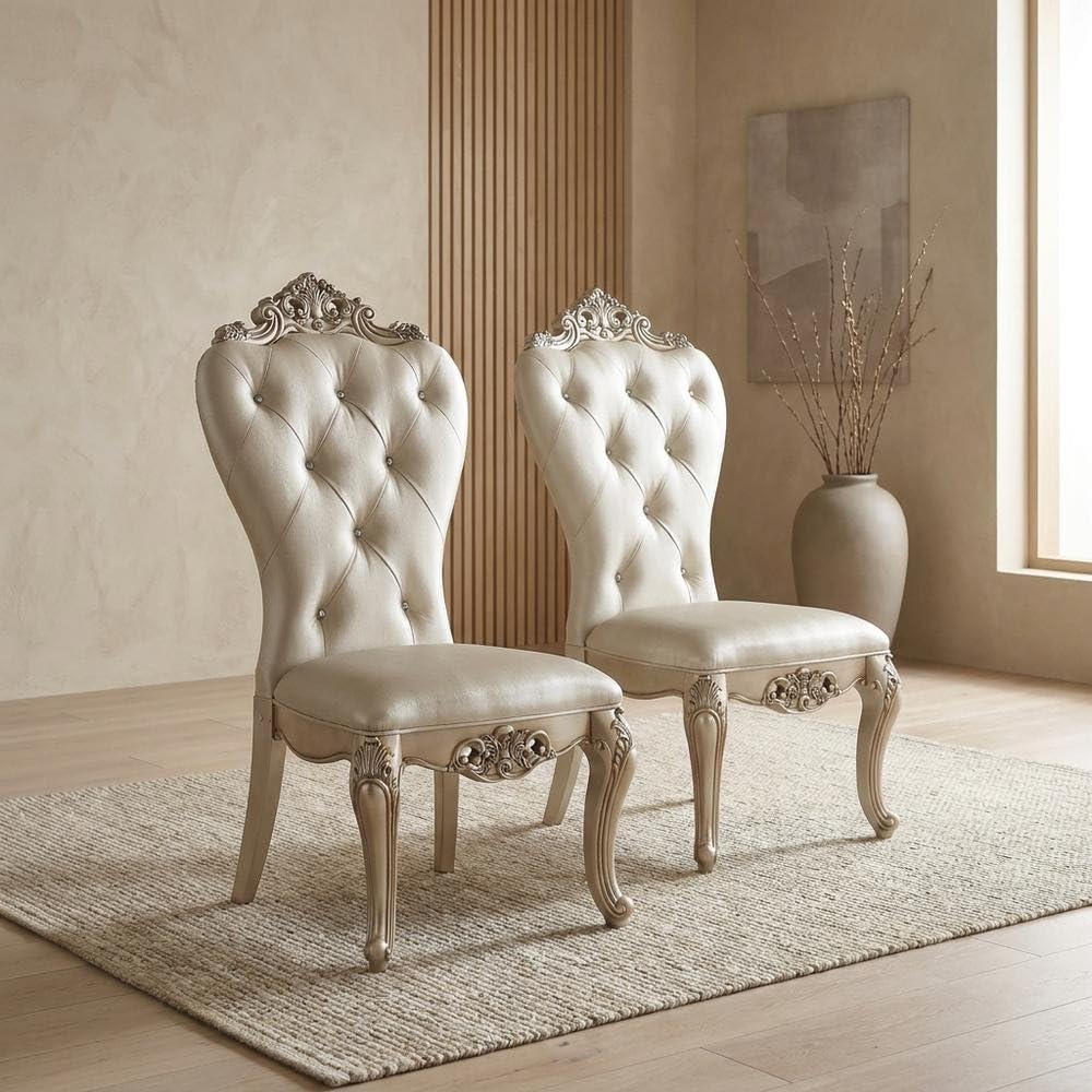 Fabric-Upholstered Side Chair with Wooden Legs by Furnifact – Wood, Cream Fabric, Golden Ivory, Pack of 2