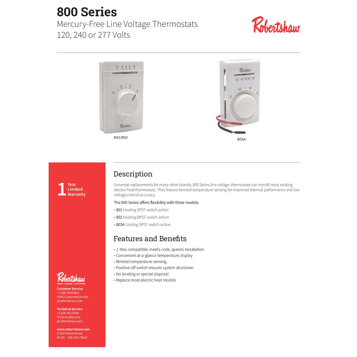 Robertshaw 802 Heating Thermostat, 3" Wide, 120-277V - Default Title
