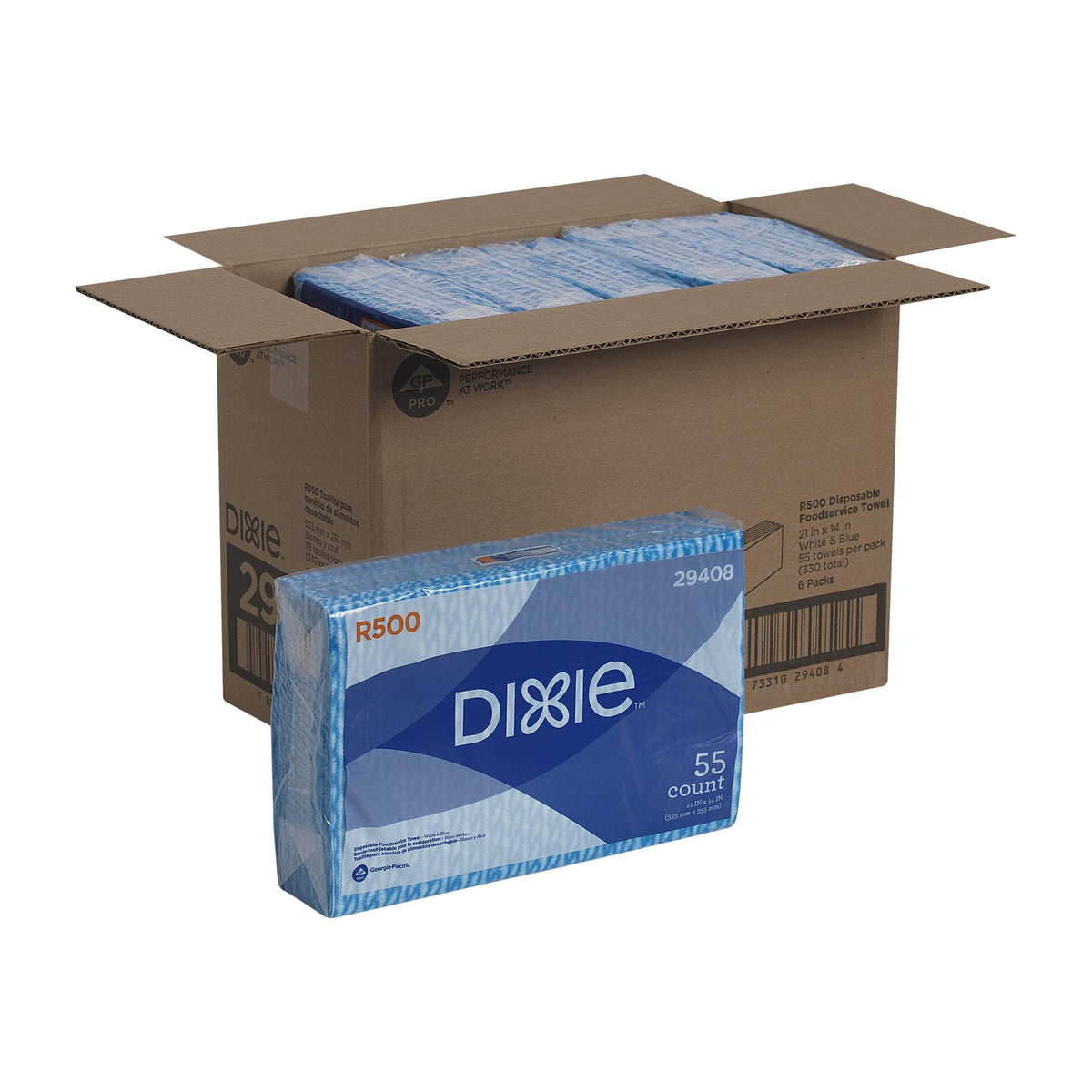 Dixie R500 Disposable Foodservice Towel by GP PRO (Georgia-Pacific) – White & Blue, 29408, 6 Poly Packages of 55