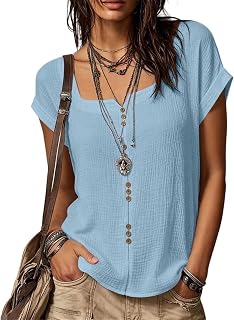 Womens Linen-Like Crinkle Cotton Square Neck Short Sleeve Blouse, Boho Loose-Fit Summer Casual Lightweight Daily Beach Wear
