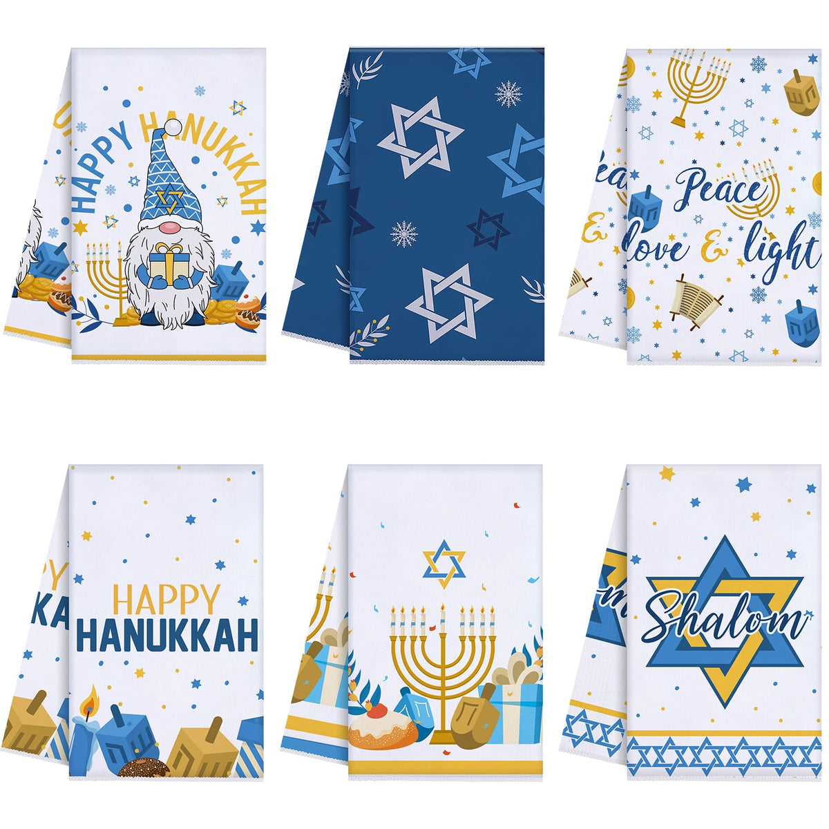Oudain Hanukkah Kitchen Towels, 6 Pack, 16 x 24 Inches, Blue and Yellow
