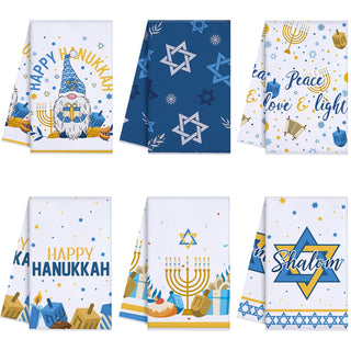Oudain Hanukkah Kitchen Towels, 6 Pack, 16 x 24 Inches, Blue and Yellow