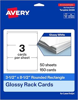 Avery Printable Rectangle Rounded Rack Cards, 3.5" x 8.5", Glossy White, Laser/Inkjet Compatible, 150 Total, Ideal for Packaging, Displays, and Business Use