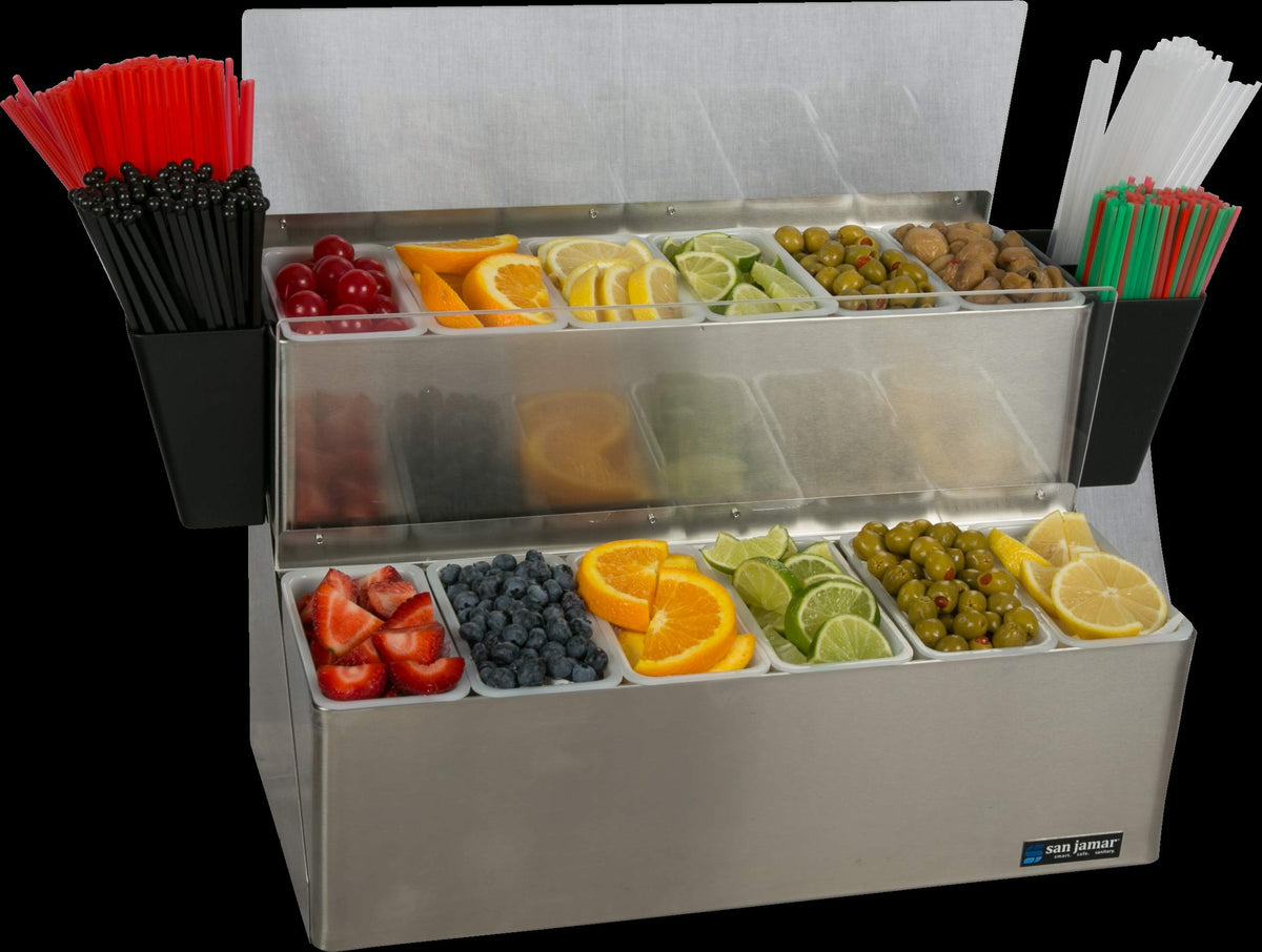 Ez-Chill Garnish Center Condiment Holder with Hinged Lid for Kitchen by San Jamar – 12.0 pints, Stainless Steel, Silver, Model B6766L
