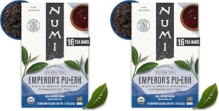 Numi Organic Emperor's Pu-erh Tea, 16 Tea Bags, Aged Fermented Yunnan Black Tea, Caffeinated (Packaging May Vary) (Pack of 2)
