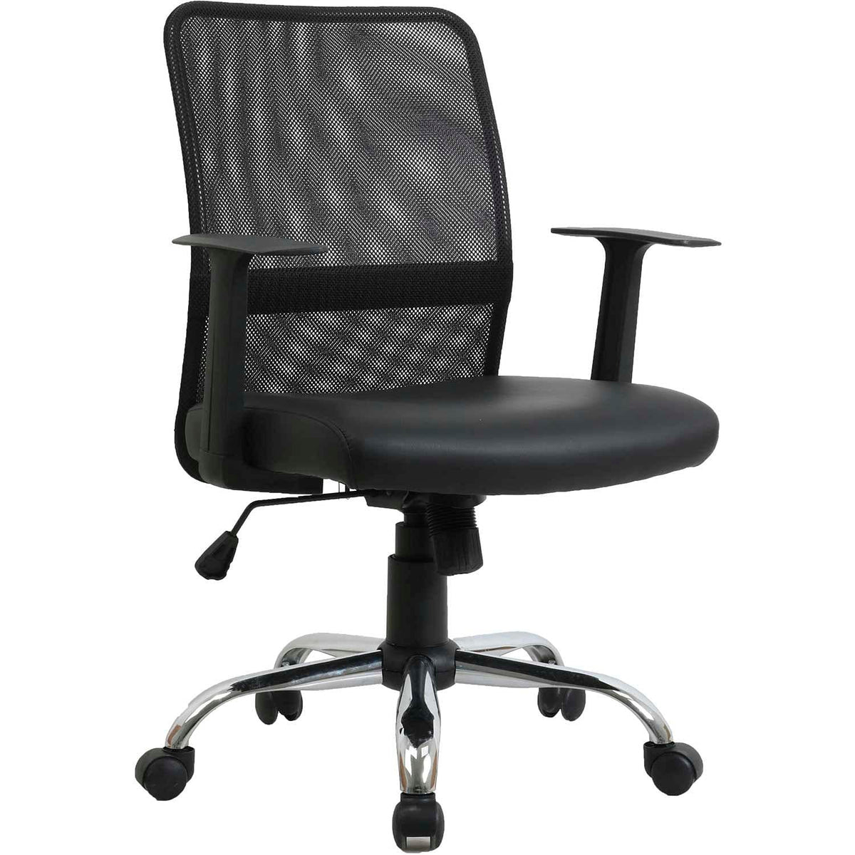 Mesh Back Leather Task Chair with Mid Back & Fixed Arms by Global Industrial – Faux Leather, Black, Model 80156M