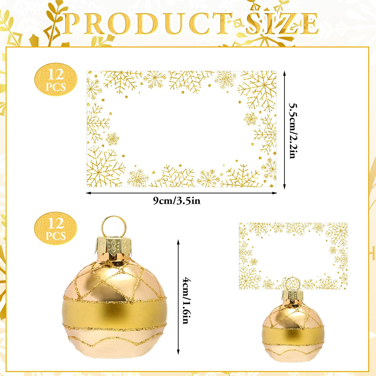 Whaline Ball Ornament Place Card Holders, Gold Snowflake, 12 Pack
