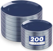 KIRE Plastic Plates, 200 Count with Silver Rim, Navy Blue