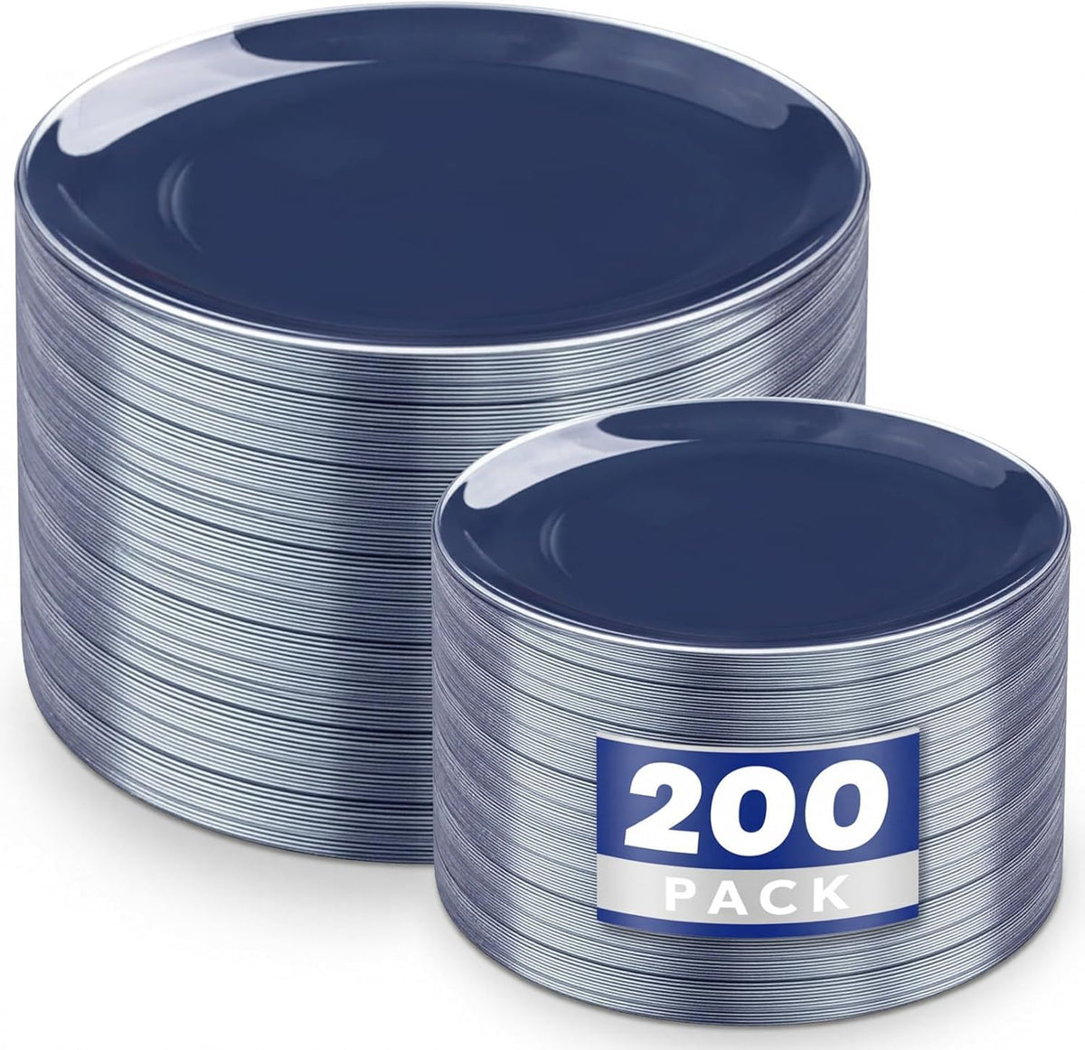 KIRE Plastic Plates, 200 Count with Silver Rim, Navy Blue