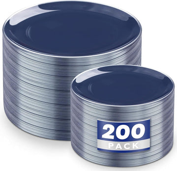 KIRE Plastic Plates, 200 Count with Silver Rim, Navy Blue