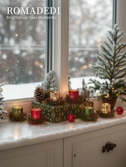 Romadedi Mercury Glass Votive Candle Holder with Wreath, Set of 6, Red Green Silver