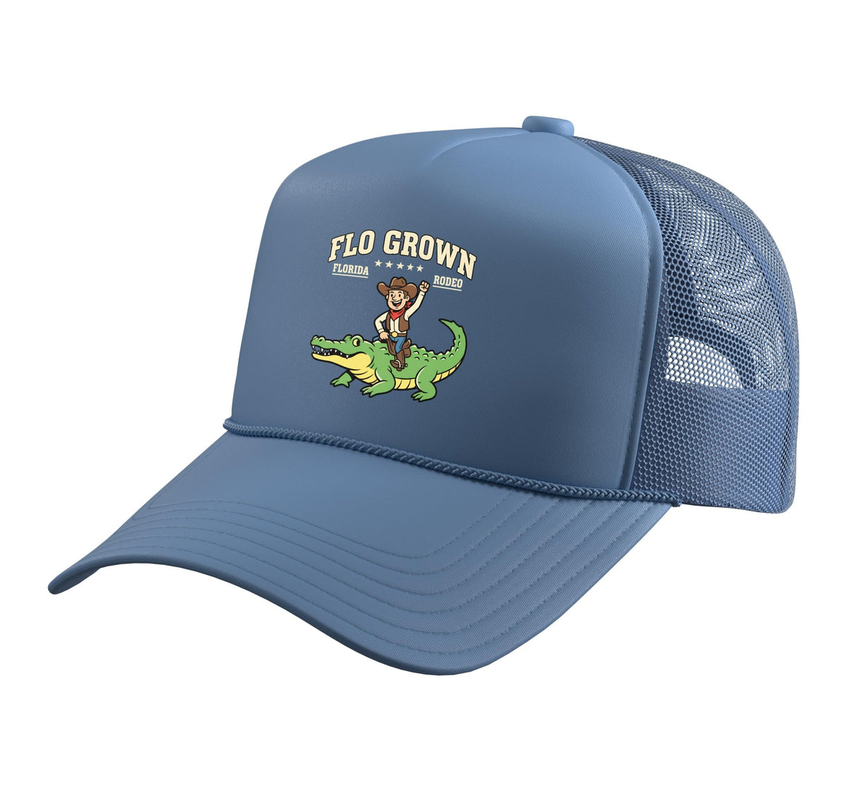 Flo Grown Florida Rodeo Alligator Cowboy Graphic Trucker Hat with Adjustable Mesh Back by Florida Rodeo Alligator Cowboy Flo Grown Western – Polyester, Light Blue