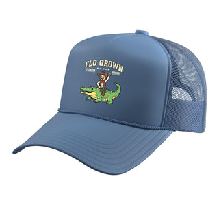 Flo Grown Florida Rodeo Alligator Cowboy Graphic Trucker Hat with Adjustable Mesh Back by Florida Rodeo Alligator Cowboy Flo Grown Western – Polyester, Light Blue