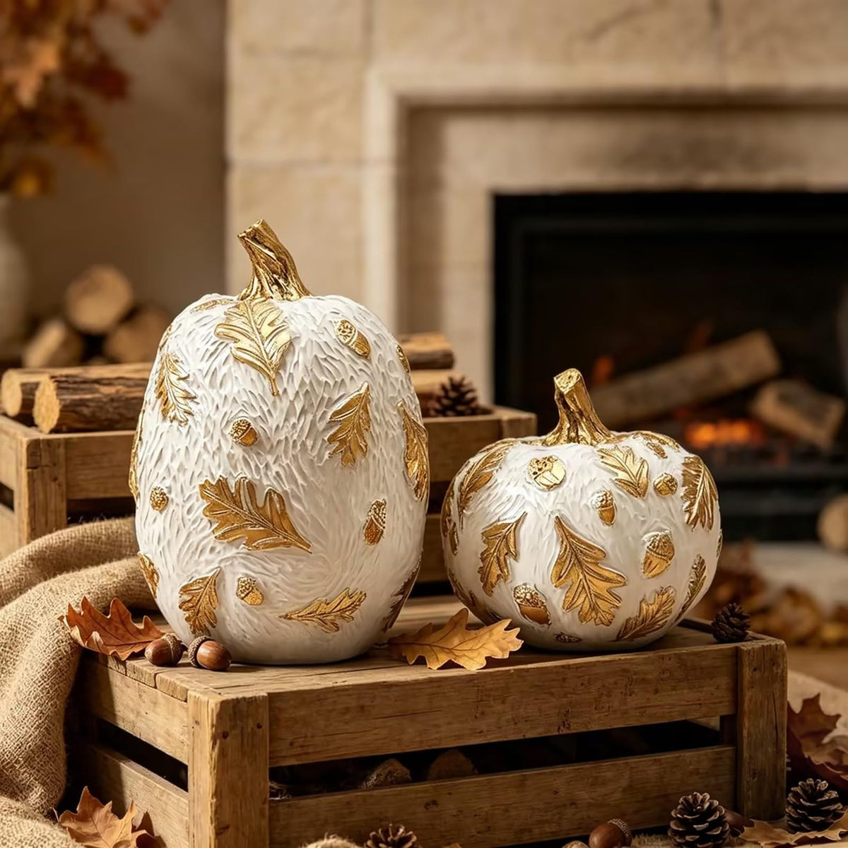 DN Deconation Resin Pumpkin Set, White with Gold Accents, Set of 2