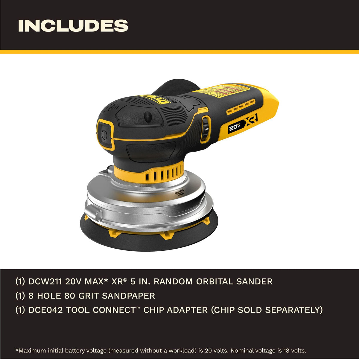 Sander, 20V MAX XR 5 in Random Orbital Sander, Cordless () by DEWALT – Black, Yellow, Model DCW211B