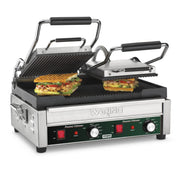 Panini Press with 17" x 9.25" Cooking Surface & Ribbed Plates by Waring – Large and Dual Cooking Surface Machines, Stainless Steel, Silver, Model WPG300