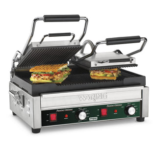 Panini Press with 17" x 9.25" Cooking Surface & Ribbed Plates by Waring – Large and Dual Cooking Surface Machines, Stainless Steel, Silver, Model WPG300