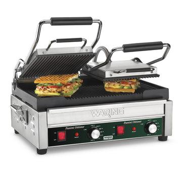 Panini Press with 17" x 9.25" Cooking Surface & Ribbed Plates by Waring – Large and Dual Cooking Surface Machines, Stainless Steel, Silver, Model WPG300