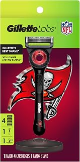 Labs Official Buccaneers Licensed Razor for Men, 1 Handle, 4 Blade Refills, with Magnetic Stand, Perfect for Game Day Grooming, Gillette Labs with Exfoliating Bar