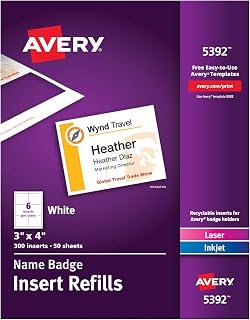 Avery Customizable Name Badge Inserts for Name Tag Holders, 3" x 4", White, Laser/Inkjet Printable, 300 Total (5392)