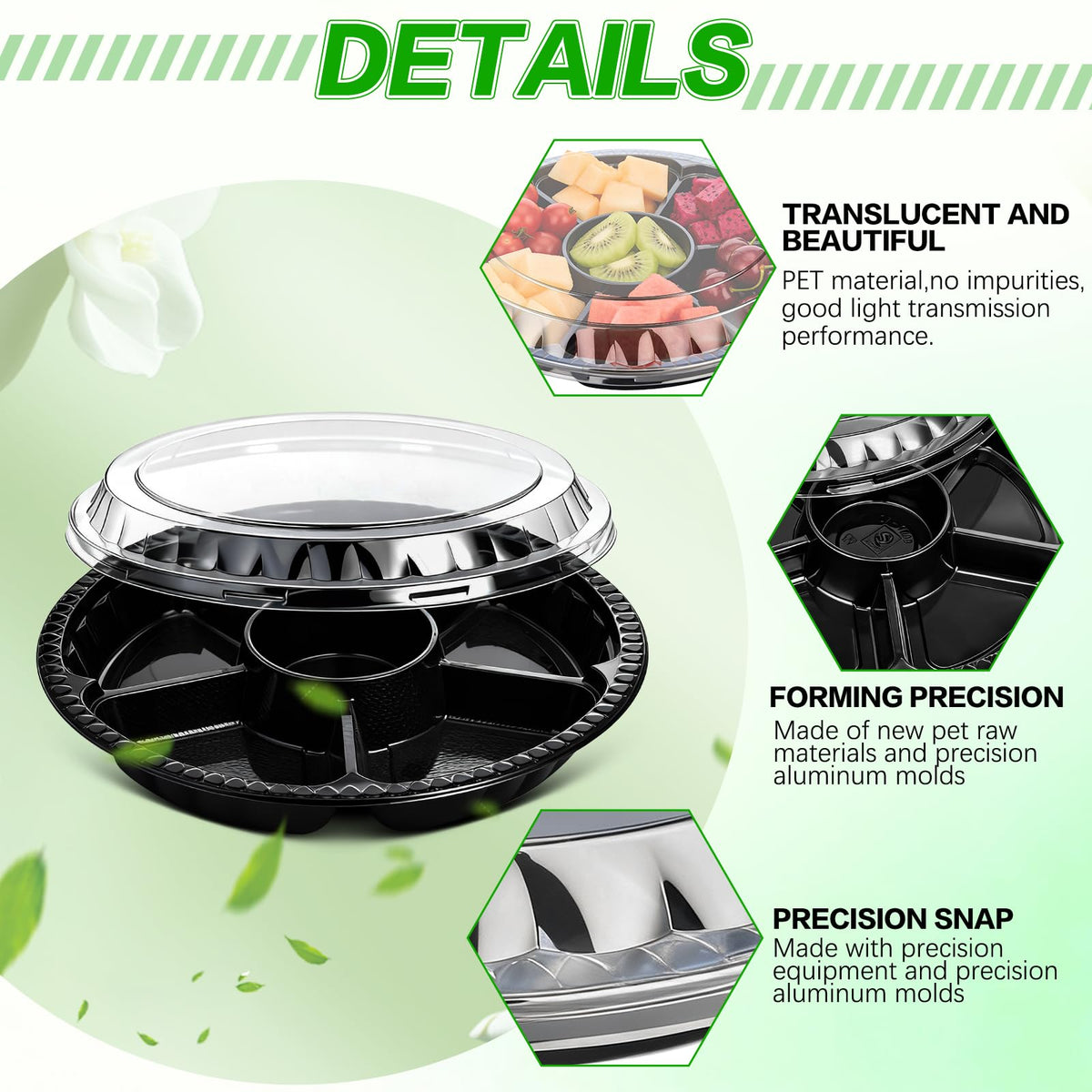 Mwellewm Divided Plastic Serving Tray with Lid, 13.7 Inch, Black, 10 Pack