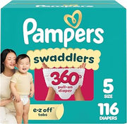 Pampers Diapers - Swaddlers 360° - Size 5, 116 Count, up to 100% Leakproof Comfy Dry Fit, Designed for Easy Changes, Pull On Baby Diaper (Packaging May Vary)