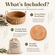 Simply H&K Wicker Bread Basket with Warming Stone, 11 Inch Round, Beige