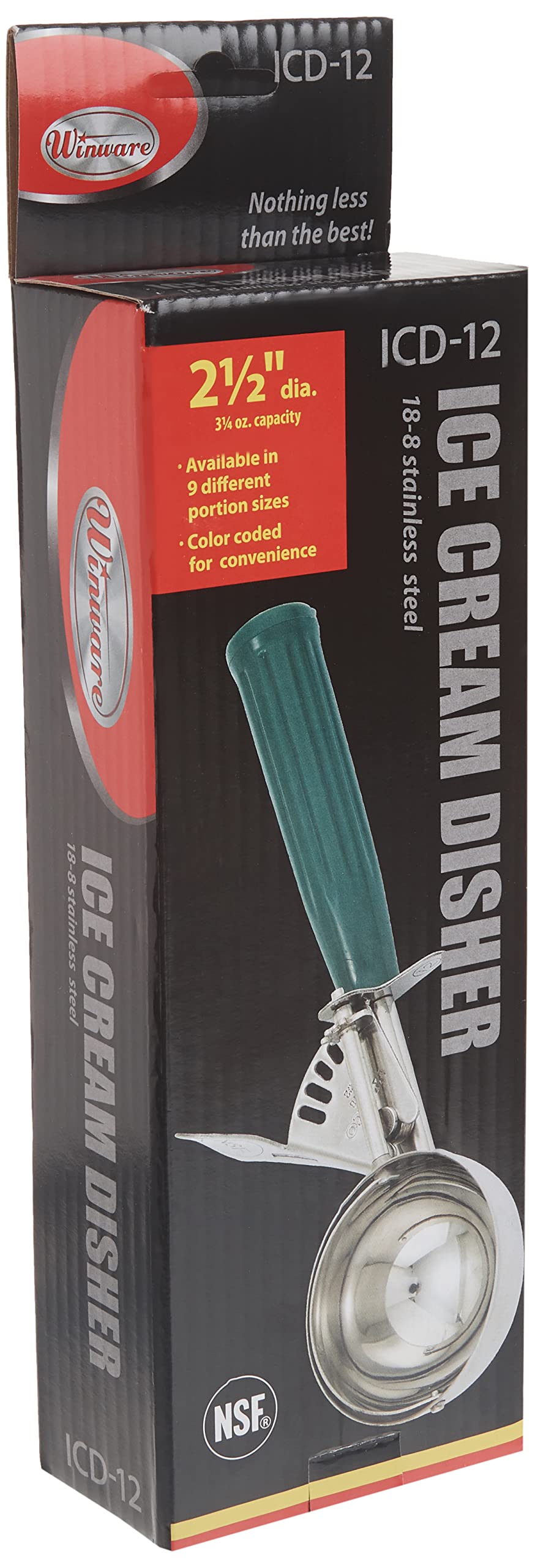Size 12 Cream Plastic Ice Cream Disher with Handle by Winco – Size 12, 3 1/4 oz capacity, 3.25 ounces, Stainless Steel, Green, Model ICD-12