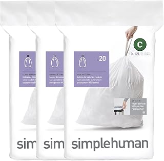 simplehuman Code C 60 Count Custom Fit Liners, Drawstring Kitchen Trash Bags, One-by-One Mess-Free Dispense, Extra Thick & Double Seamed, 50% PCR Plastic, 10-12 Liter / 2.6-3.2 Gallon, White