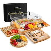 CAWIU Charcuterie Board with Lid and Drawers, Large Bamboo, Black