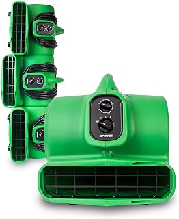 XPOWER P-430AT Medium Sized Air Mover, Carpet Dryer, Floor Blower, and Utility Fan- Features a Timer & Built-in Power Outlets – Green (4 Fans)