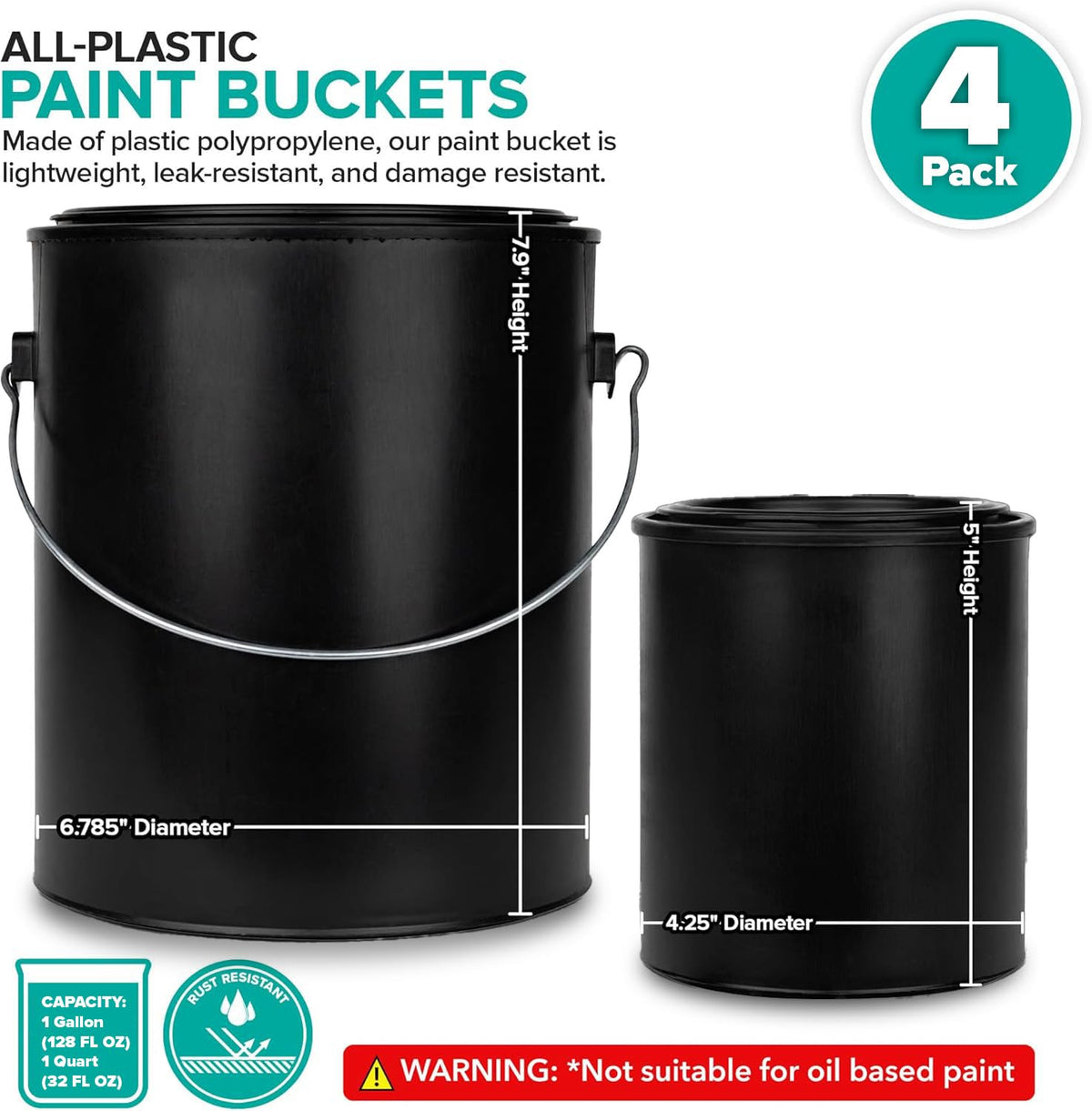 1 Quart & 1 Gallon Plastic Paint Buckets (4 Pack Combo) Triple-Lock Airtight Seal to Minimizing Skimming by Stock Your Home – 2 - Gal, 2 - Qt, 2.0 gallons, Polypropylene, Black