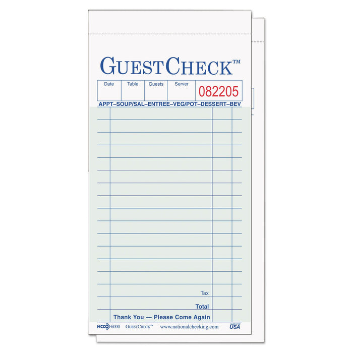 National Checking G6000 Guest Check Pad 3 1/2 x 6 3/4 Green/White 50 Books/Carton
