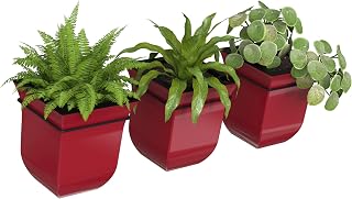Mayne Valencia 8in Self-Watering Square Wall Mount Planter, Red, 3-Pack | Self-watering, Fade resistant, Wall-mounted or tabletop, Built-in overflow, Removable liner, 2-year warranty