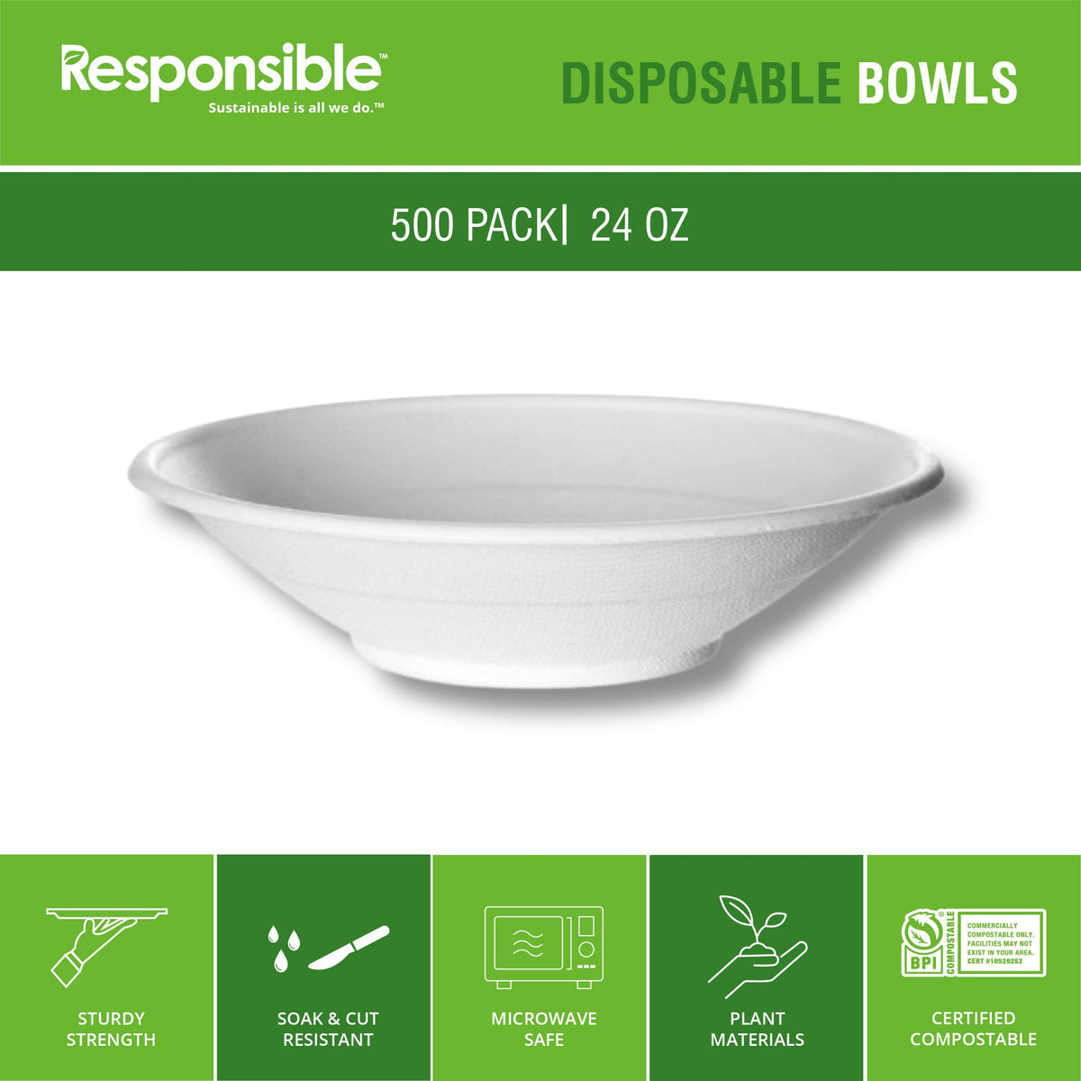 24 oz Disposable Bowls I Tree-Less™ Compostable Molded Fiber Noodle Bowls I Extra Strength I No Added PFAS I Classic White (500 Count) by Responsible Products – 24 oz (500 Count)