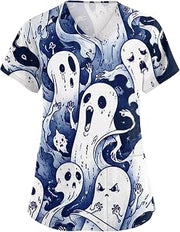 Scrub Tops Women Short Sleeve Plus Size Stretch V-Neck Fun Printed Scrubs Top Medical Nursing Uniforms with Pockets