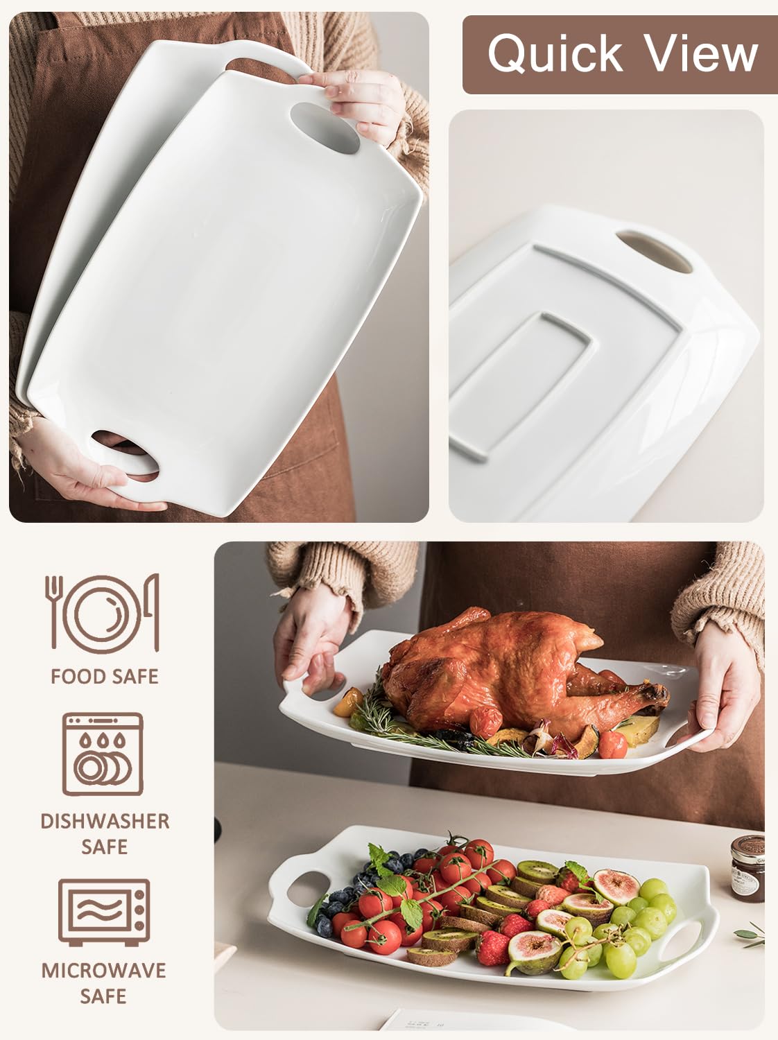 LYEOBOH Serving Platter, Melamine Rectangular Tray with Handles, White 16 Inch