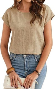 Casual Fashion Blouse Women Batwing Solid Round Linen-Like Summer Blouse