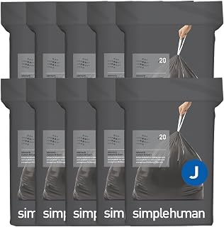 simplehuman Code J 200 Count Odorsorb® Custom Fit Liners, Drawstring Odor Absorbing Trash Bags, One-by-One Mess-Free Dispense, Extra Thick & Double Seamed, 50% PCR Plastic, 38-45 Liter / 10-12 Gallon