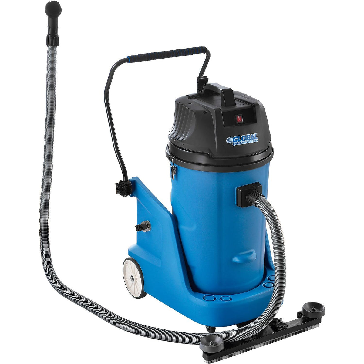 Wet Dry Squeegee Vacuum with On-board Tool Storage by Global Industrial – 23.6"W x 41.3"H, 18.0 gallons, Plastic, Blue, Model 641415