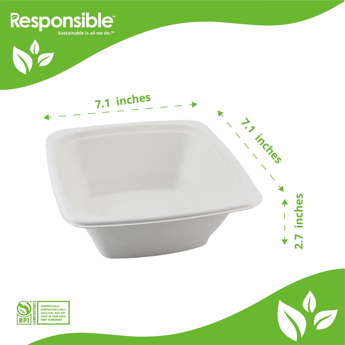 100% Compostable Square Serving Bowls by Responsible Products – 32 oz (200 Count), 32.0 fluid_ounces, Renewable Plant Fiber, Classic White, Pack of 200