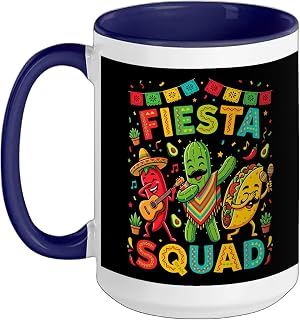 Fiesta Squad Mariachi Cactus Cinco De Mayo Mexican Ceramic Mug, Dark Blue/White, 15oz