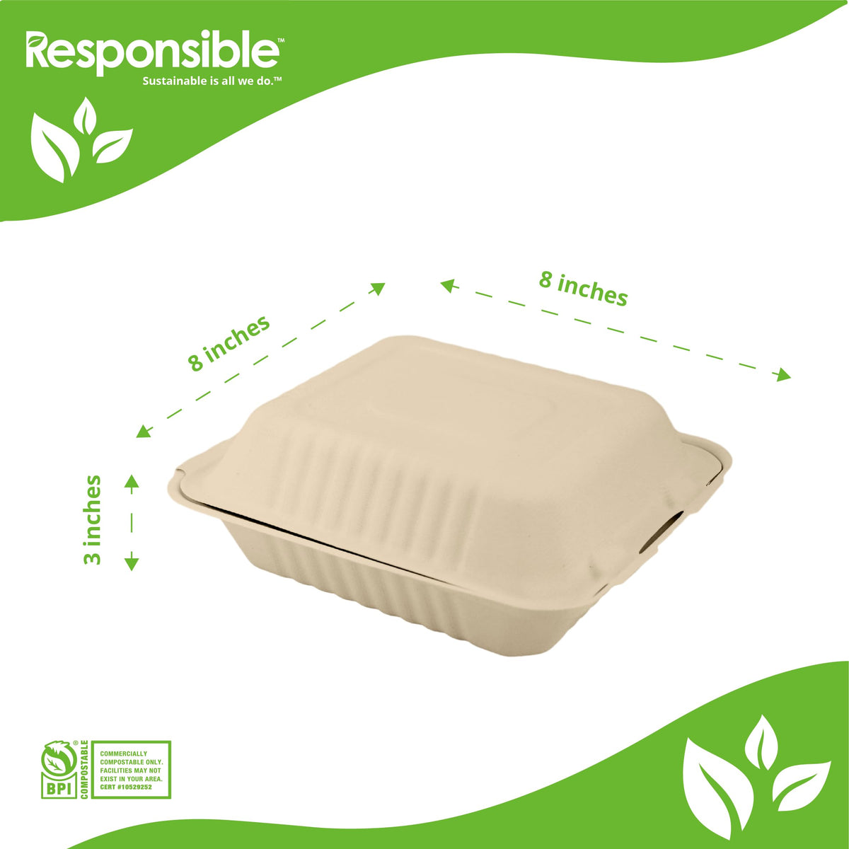 8 inch 3-Compartment Hinged Containers by Responsible Products – Other, Natural Brown, Model RP-8X8-3CHC-NPA-200