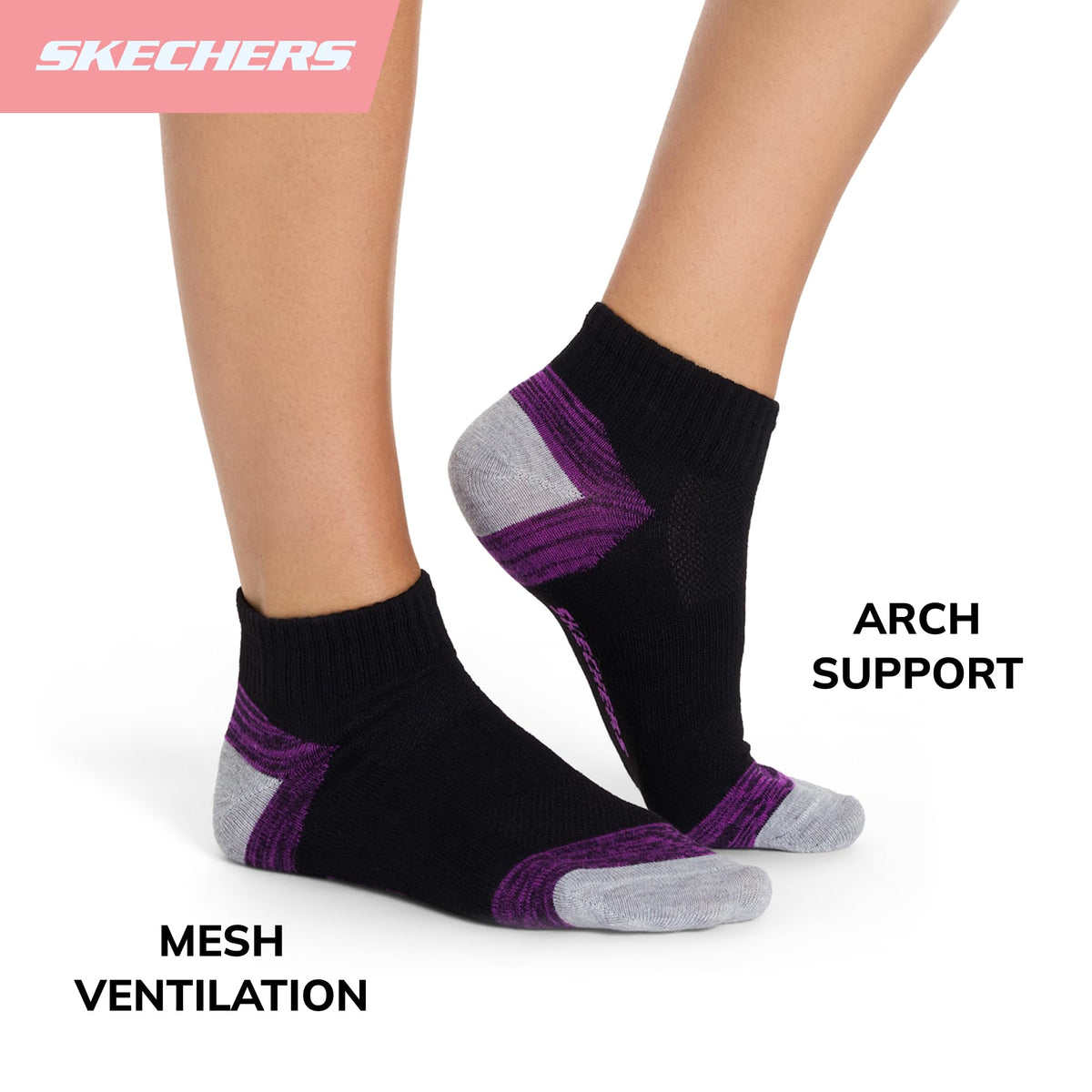 Women's 6-Pack Performance Quarter Crew Socks by Skechers – Cotton, Medium Grey, Pack of 6, Model S105706
