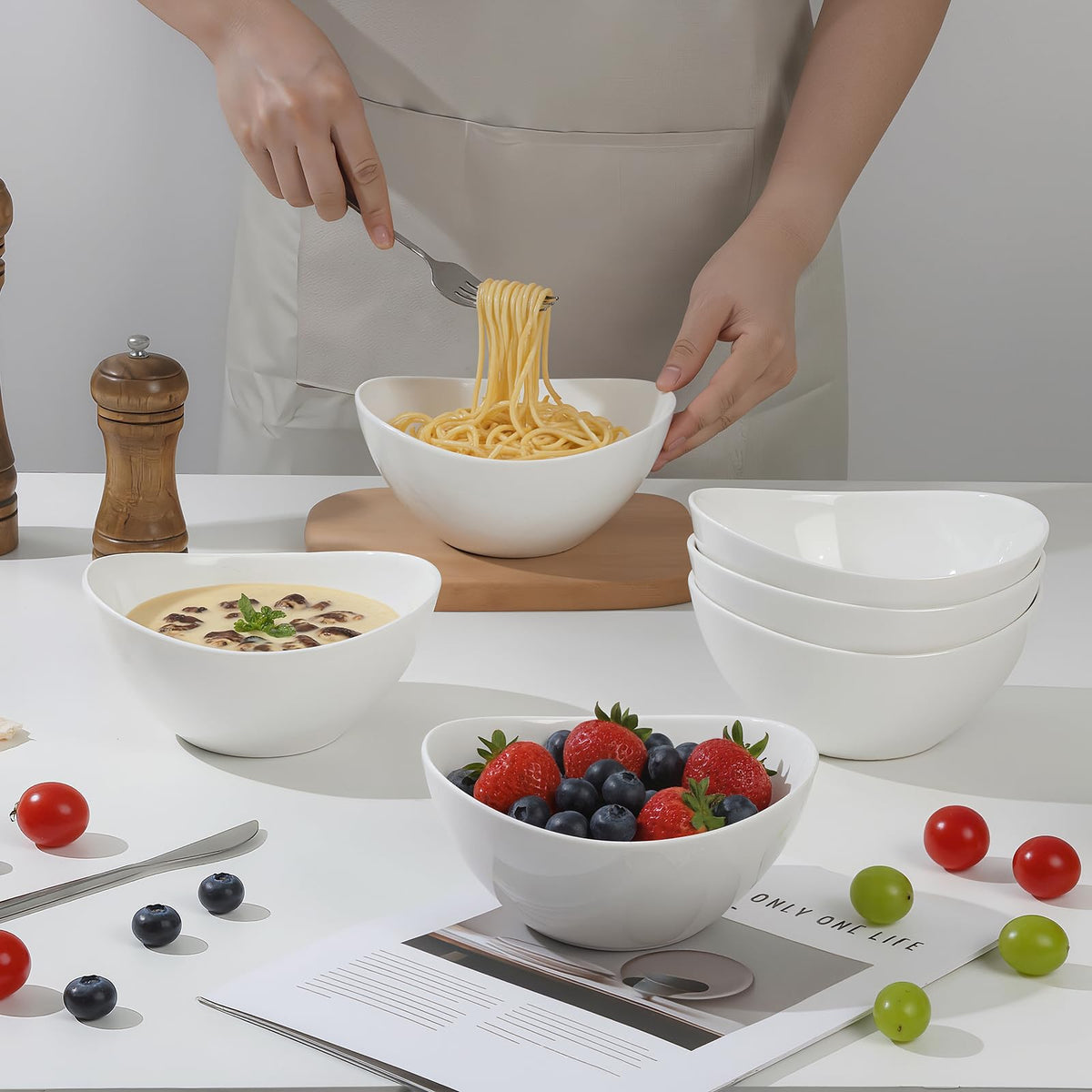 Samsle Ceramic Serving Bowls, 19 Ounces, Oval White Porcelain, Set of 6